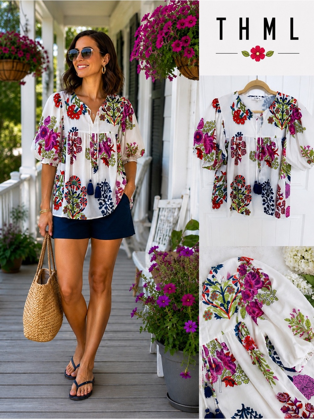 THML White Floral Print Tassel Tie Puff Sleeve Cotton Blouse